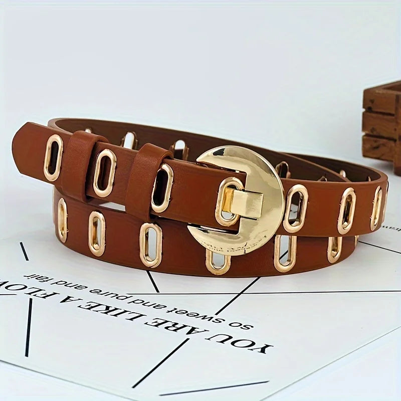 Women's Fashion Belt with Gold Crescent Buckle