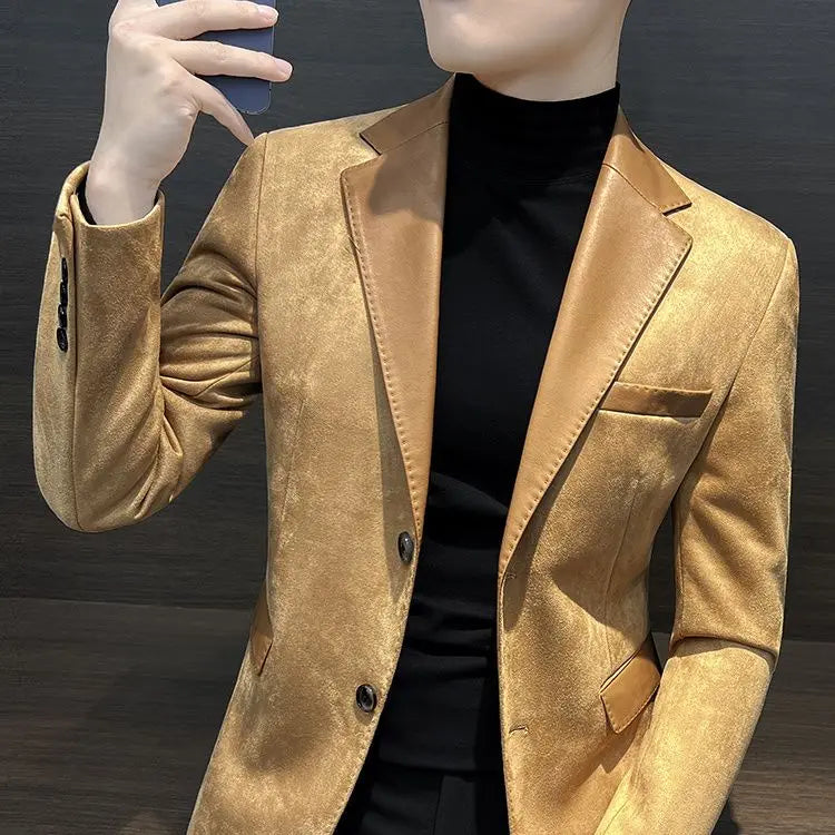 Male Coats  Leather Splicing Blazers Trendy Joker Vintage Casual