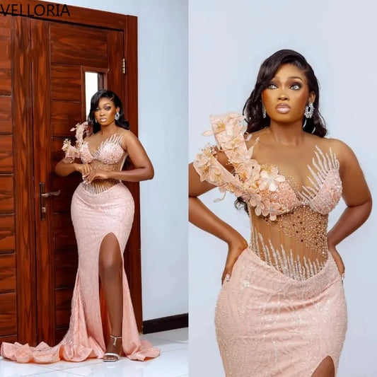 Exquisite Sheer Neck Sleeveless Gown Sequins Appliques Split Side Sweep Train Party Dress