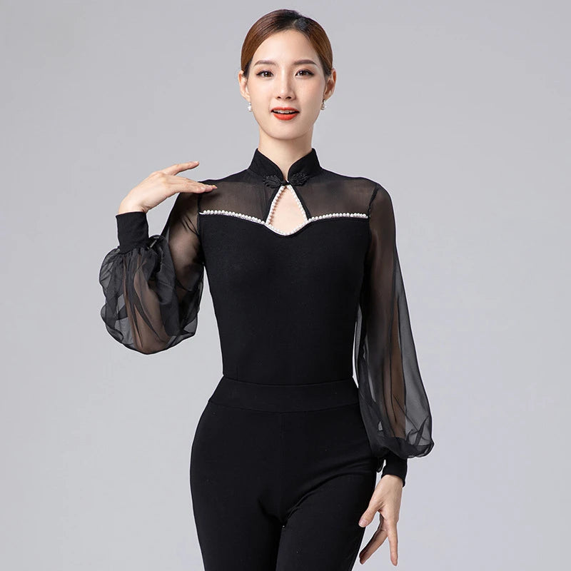 Women Latin Jumpsuit Sexy Mesh Long Sleeve Top