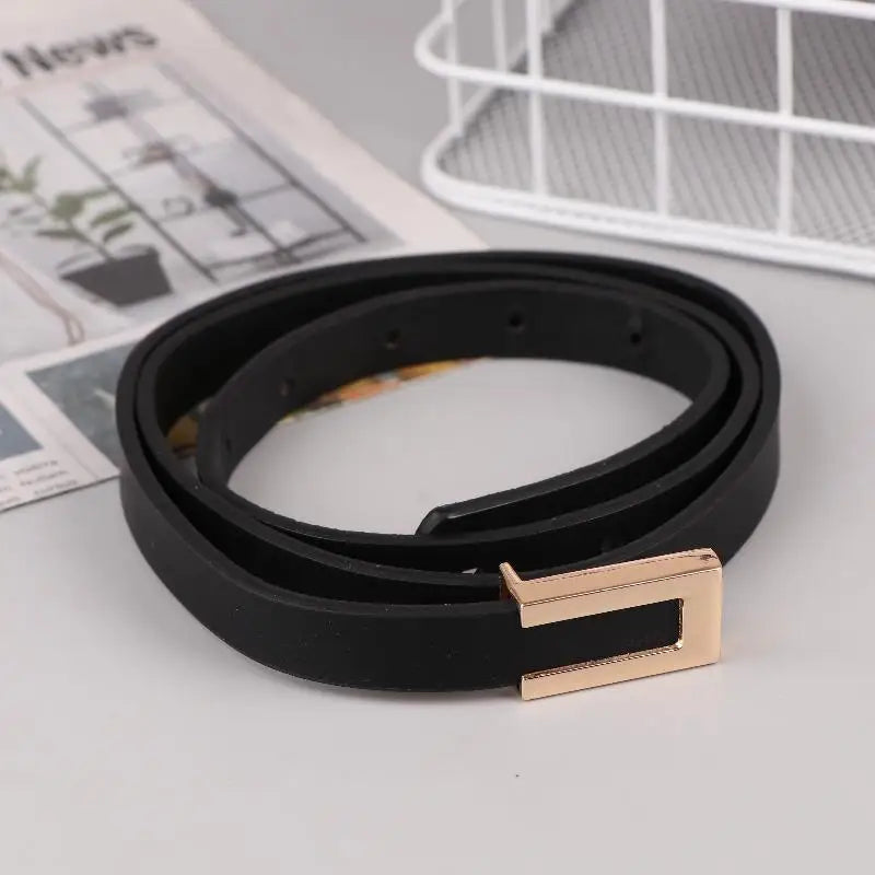Women Thin Belt Black Gold Silver Metal Buckle Belt