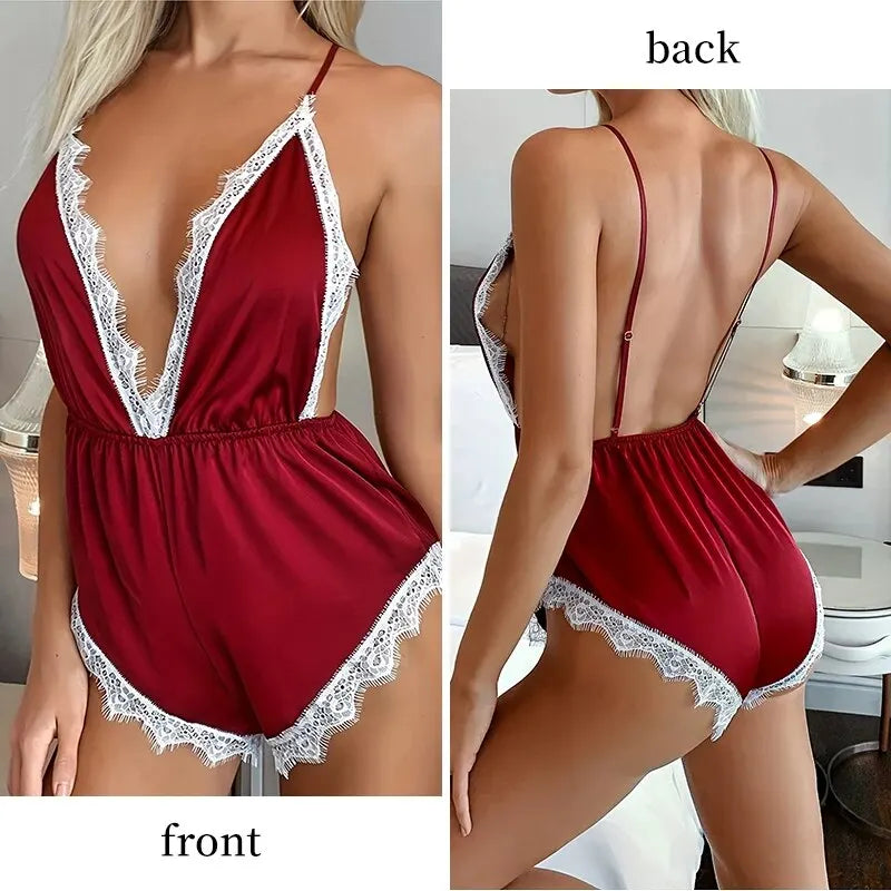 Women's Fashionable New Red Suspender Sleeveless Satin Jumpsuit