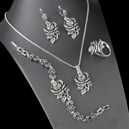 Creative Personalized Original Rose Women's Jewelry Ring Earring Necklace Bracelet  Jewelry Set