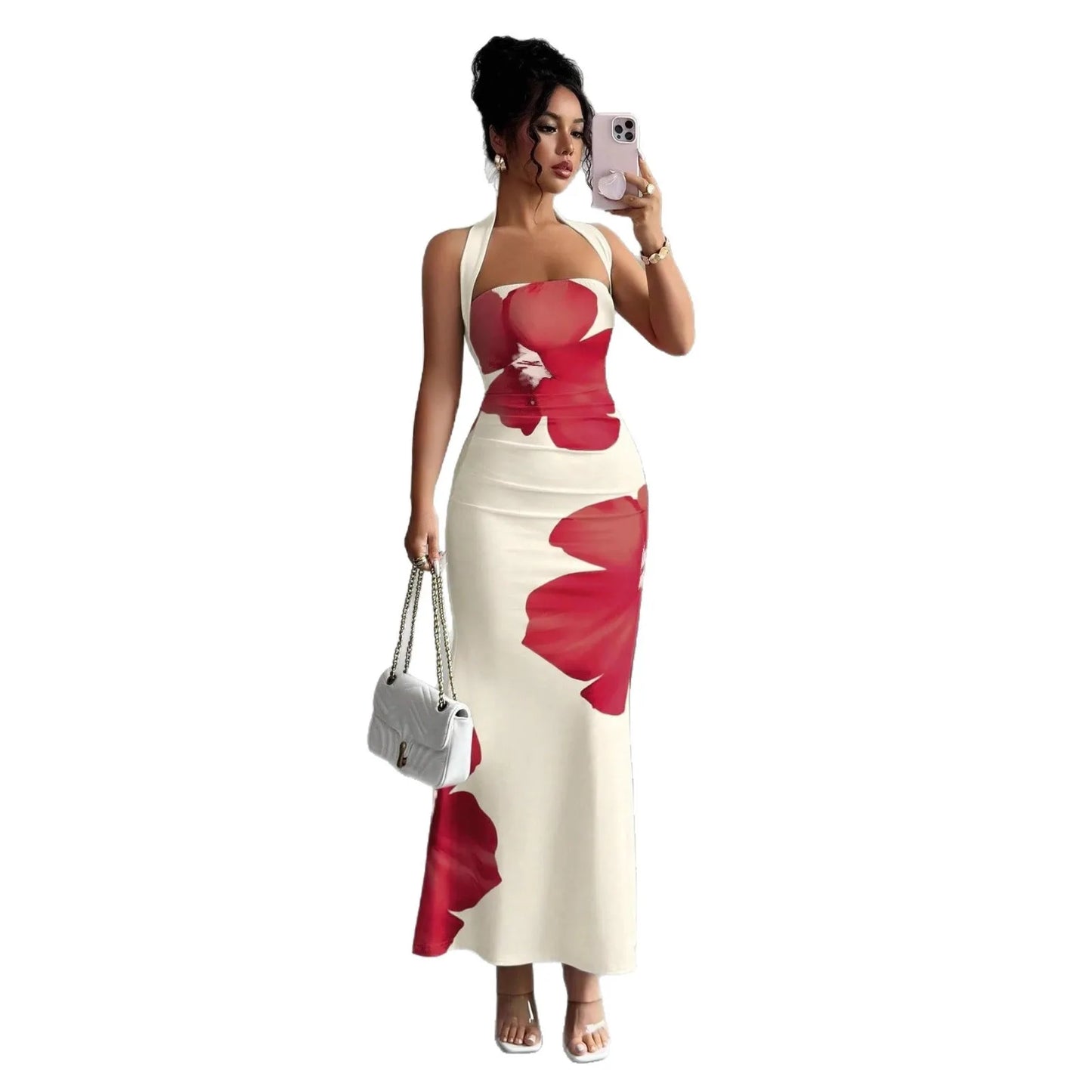 Plunging Neckline Back Opening Printed Pattern Woman Clothes