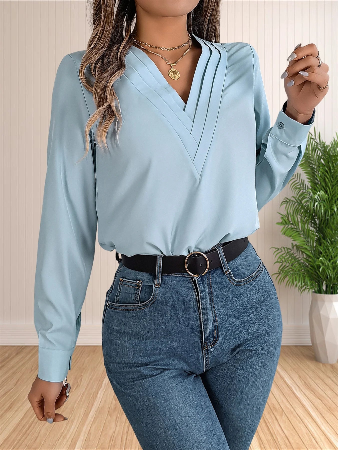 Business Office Blouse Layered V Neck Long Sleeve