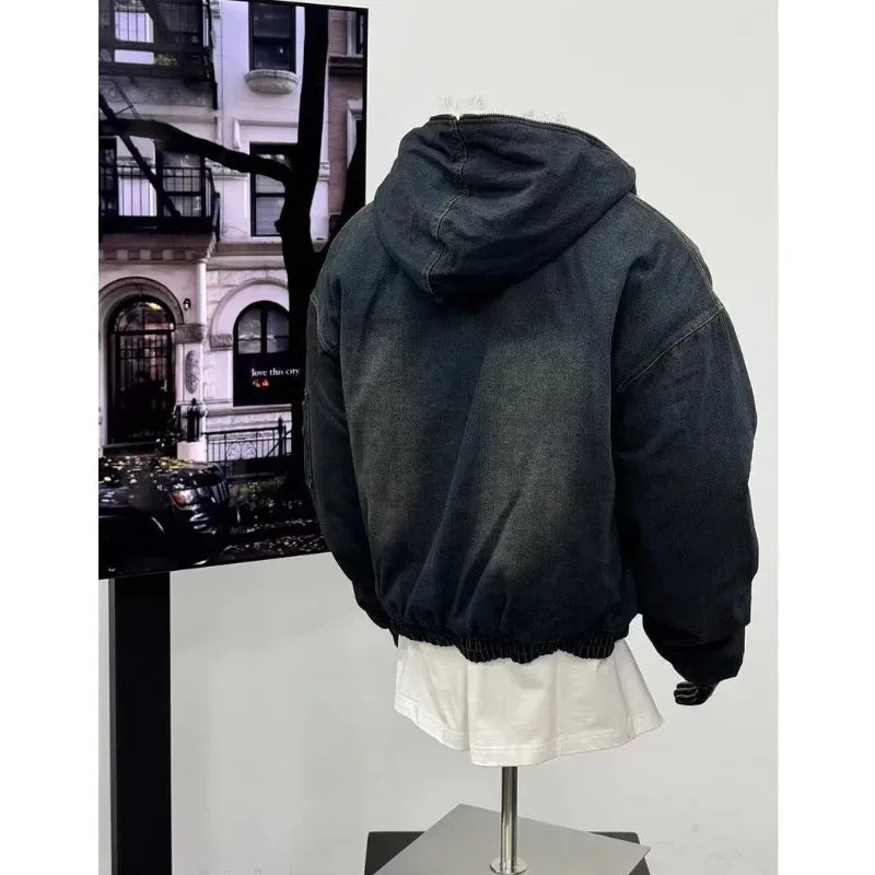 Mens Jacket Harajuku Hooded Denim Cotton