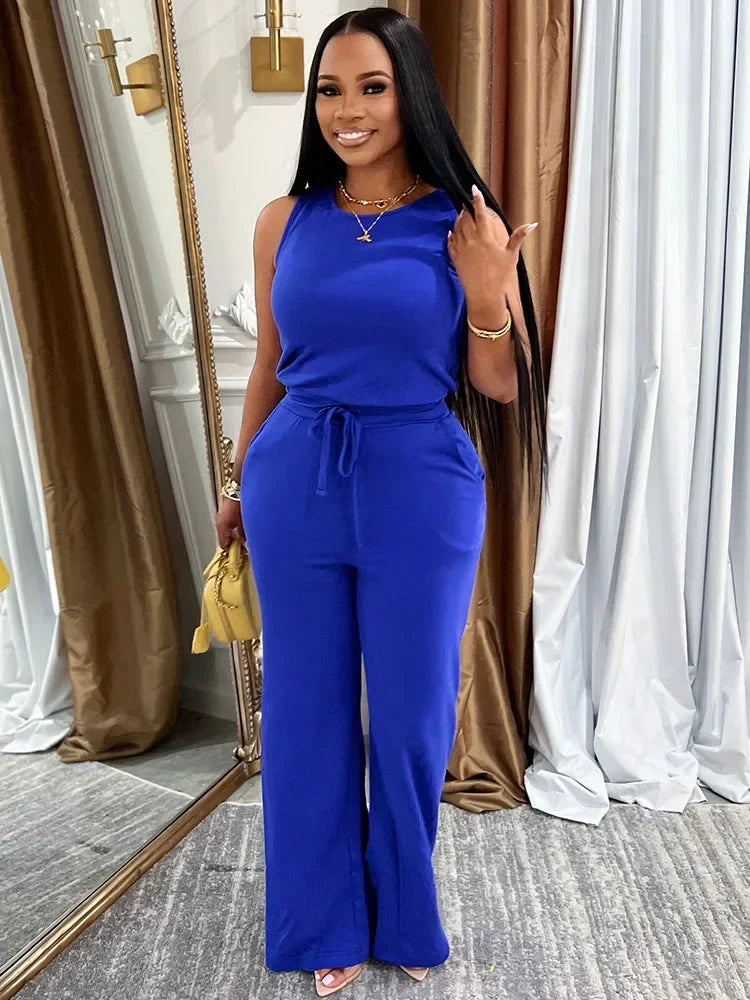 Solid Casual Jumpsuit Sleeveless Drawstring High Waist One Pieces Rompers