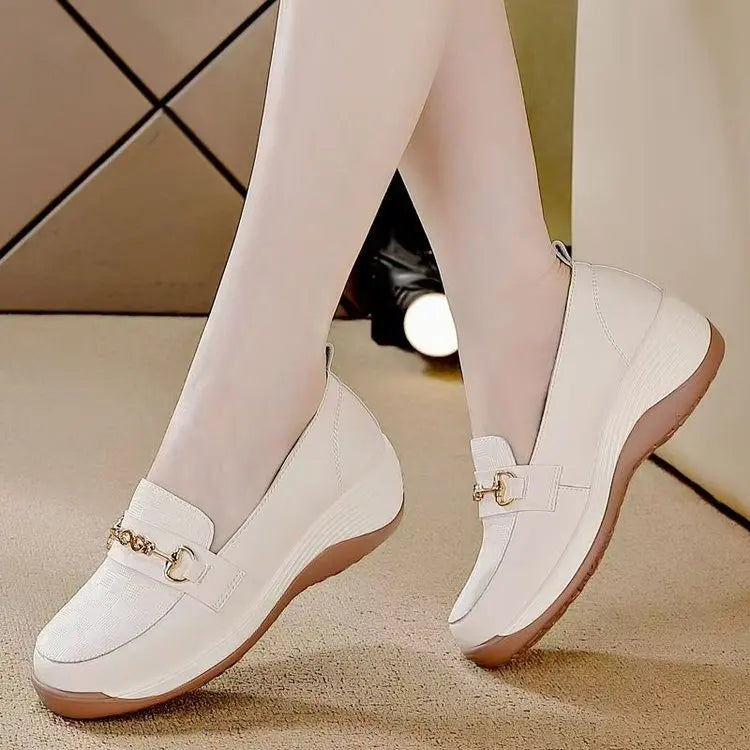 Soft Leather Loafers - Platform Wedge Heel Mom Shoes