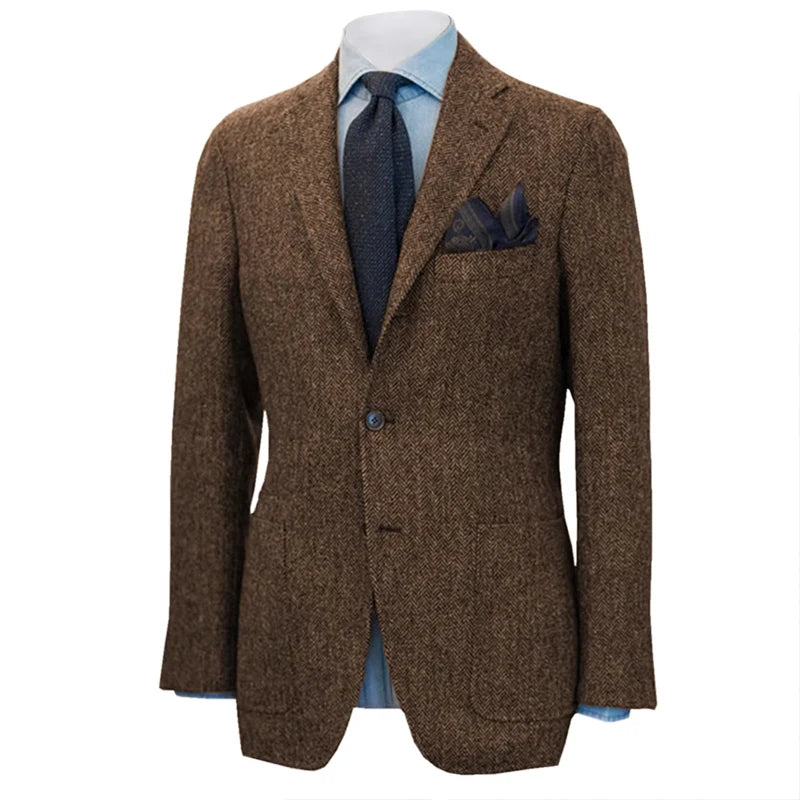 Men's Suit Herringbone Blazer Prom Tuxedos Wool Jacket （Only Coat）