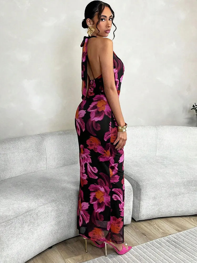 Sexy Print Sleeveless Lady Elegant Mesh Dress Clothing