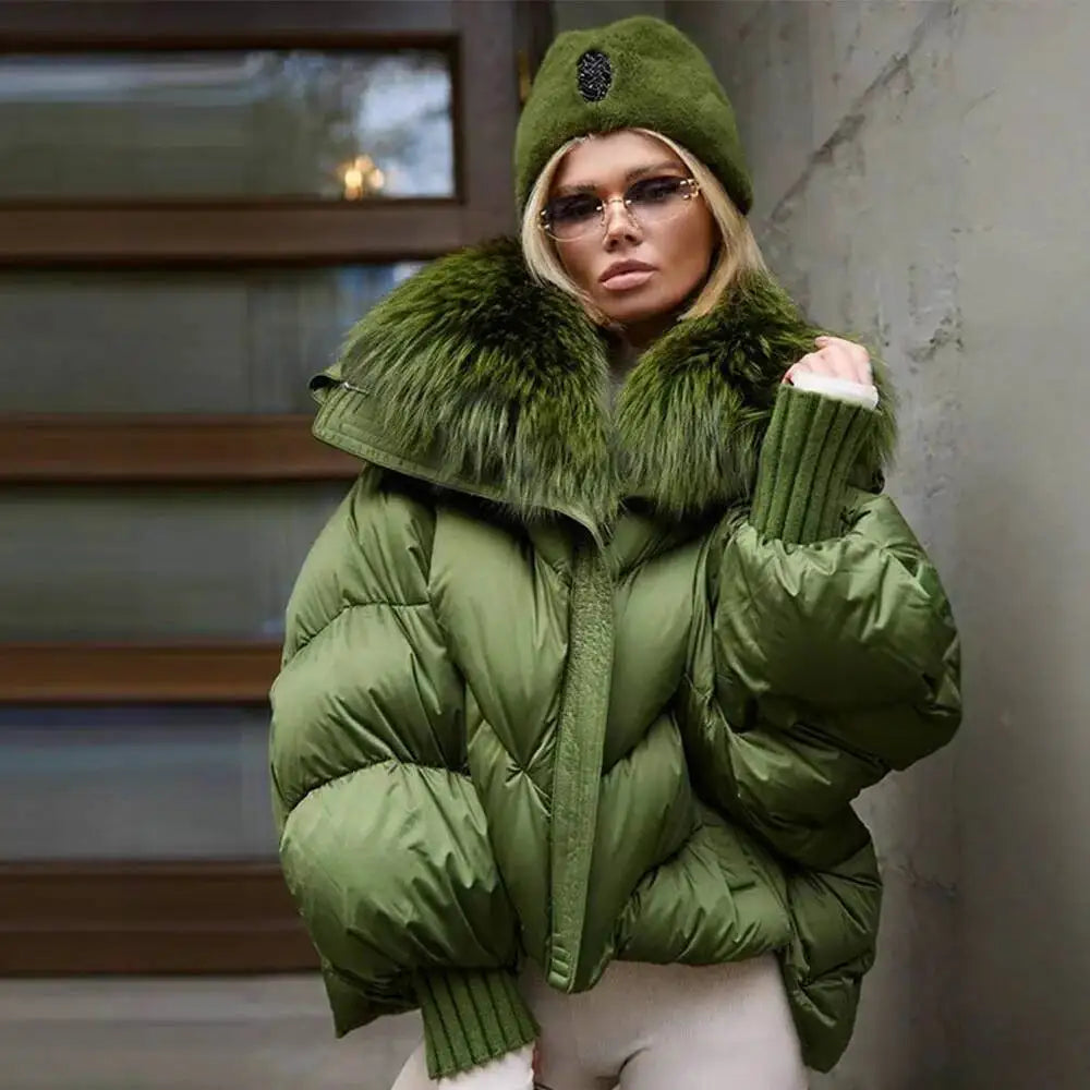 Women's Green Fur Collar Quilted Coats Loose Lady Warm Jackets