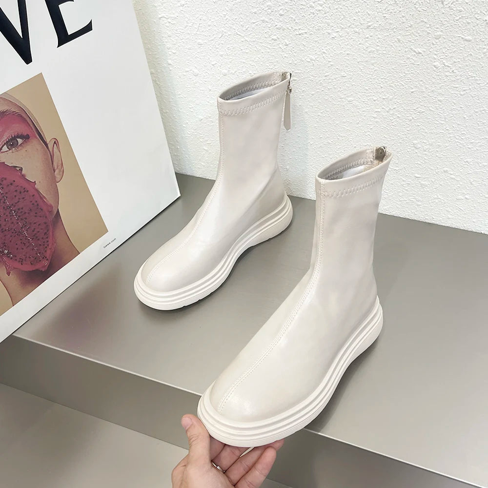thick-soled boots for women, fashionable and casual leather boots