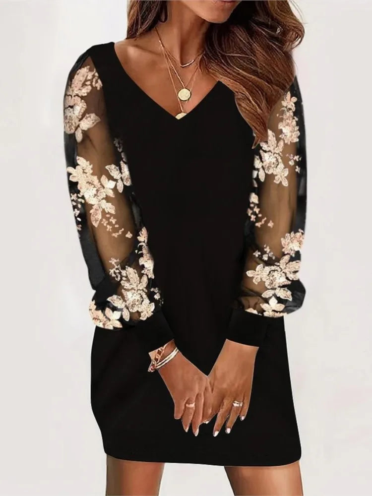 Sexy V Neck Mesh Lace Sleeve Loose Dress
