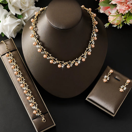 4pcs women's jewelry set with pearl rhinestone necklace, earrings, bracelets.