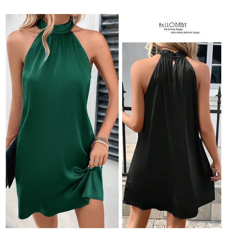Satin Neck Mid-length Dress