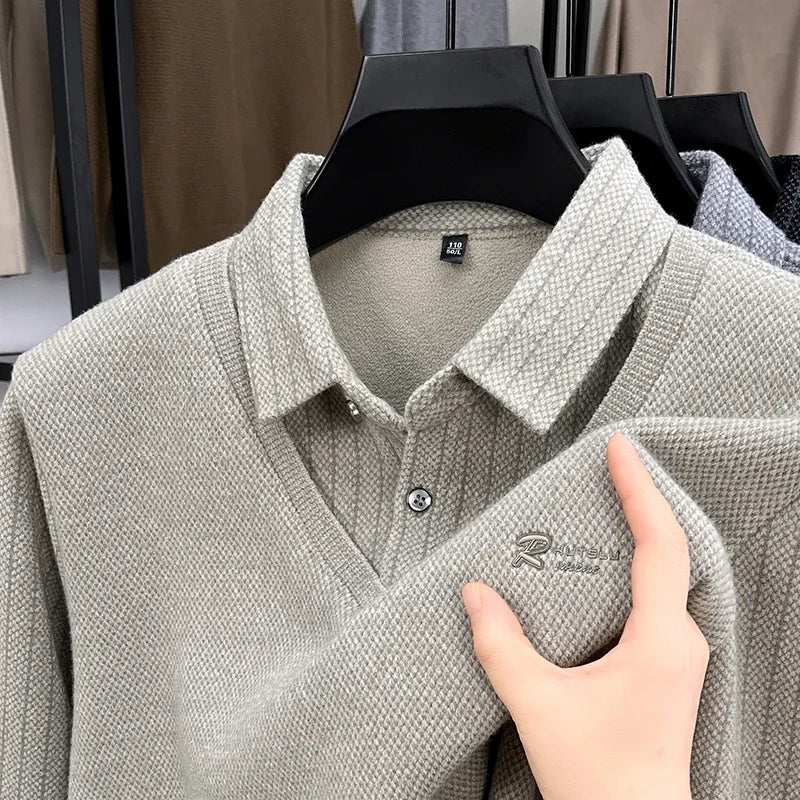 Men's Plush Wool-Lined Knitted Sweater Patchwork Striped Lapels