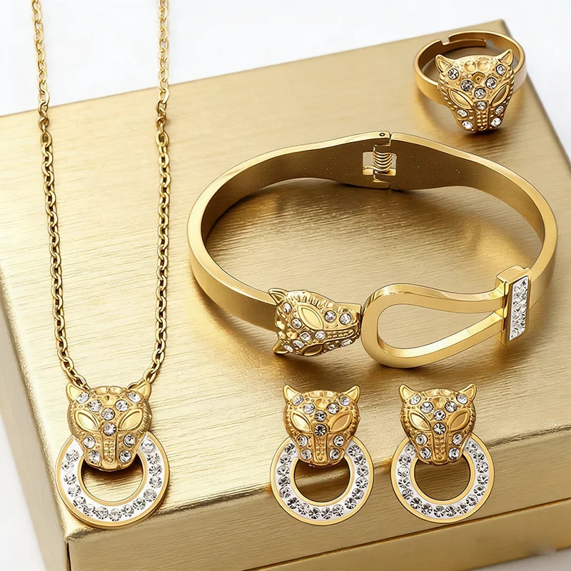Stainless Steel Micro Inlaid Zircon Leopard Head Bracelet Necklace Earring Ring