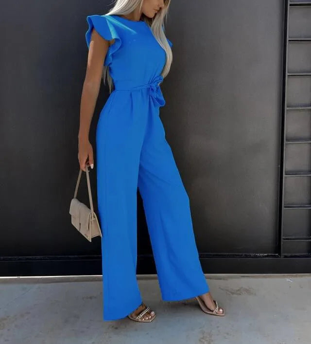 Jumpsuit with lace up high waist  ruffle edge sleeves dating jumpsuit