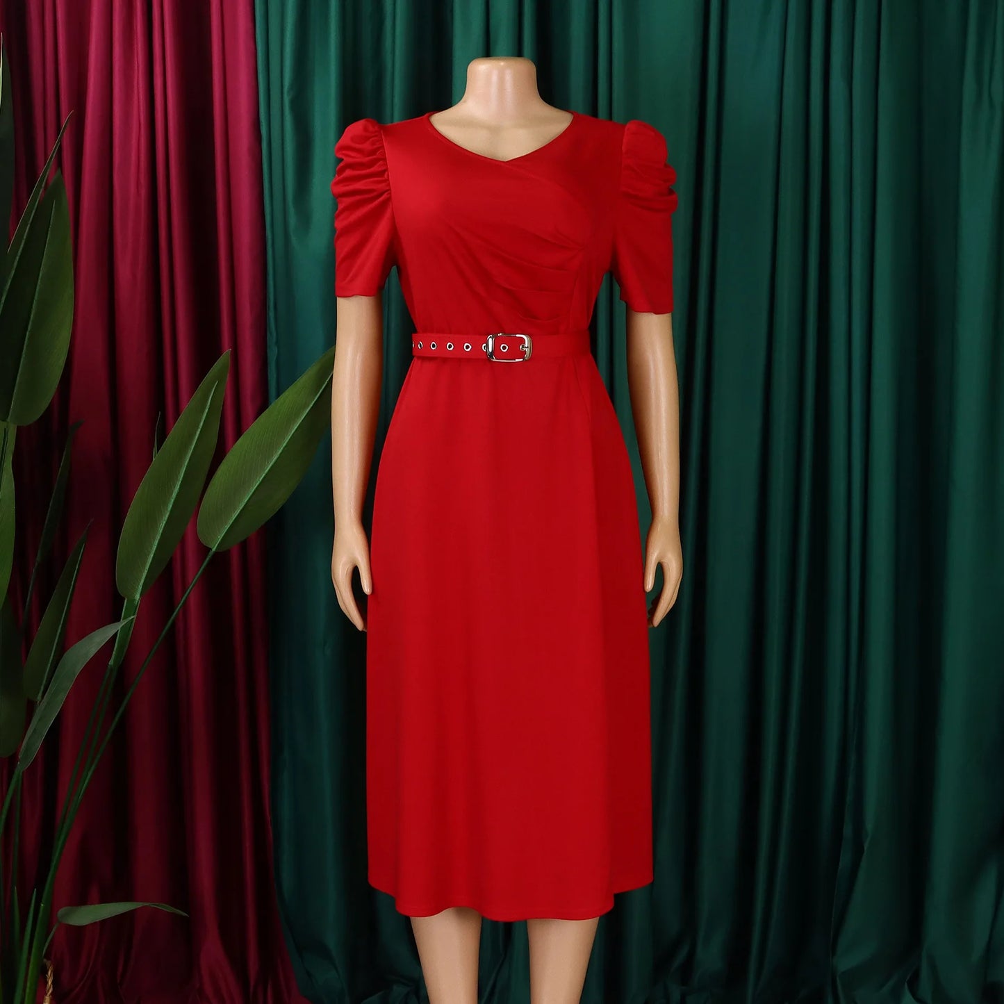 V Neck Short Sleeve Belt Waisted Pleated Party Dress