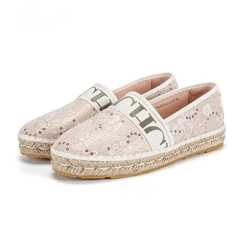 Exquisite Craftsmanship Women's Loafers Lace-up Flats Sparkling Loafers Handmade Grass Woven Soles