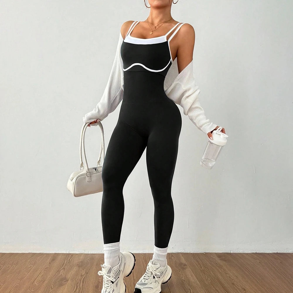 Women One-piece Yoga Jumpsuit With Pads Sleeveless Patchwork Slim Fit