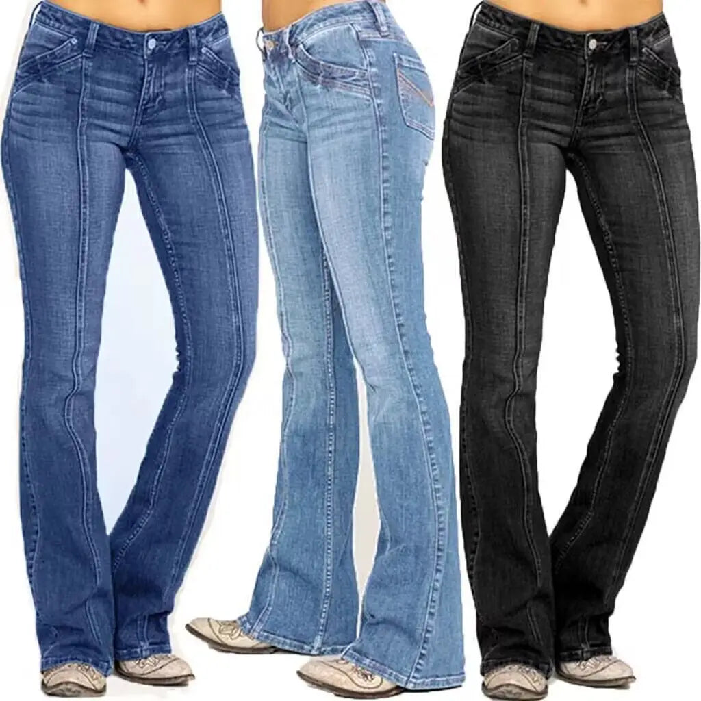 Women's Retro Washed Low Waisted Flared Jeans
