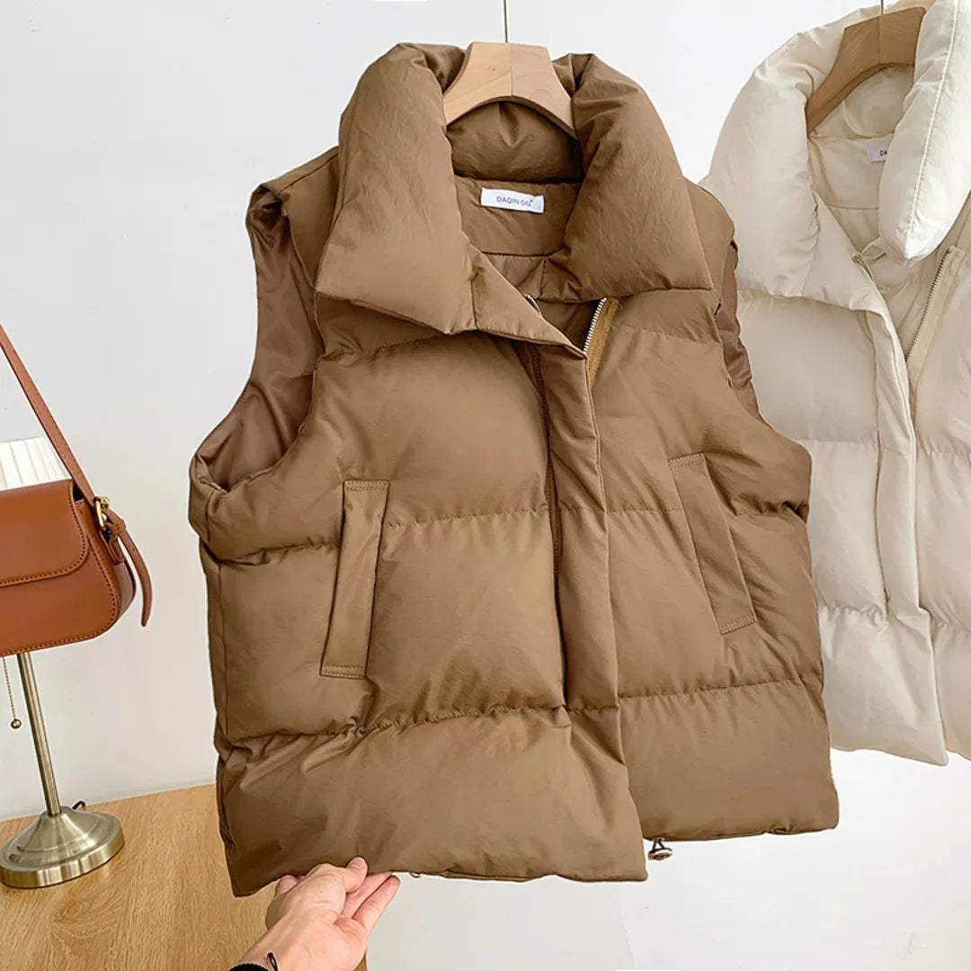 Stand Collar Elegant Down Coats Warm Outerwear Casual Belt Sleeveless Jackets