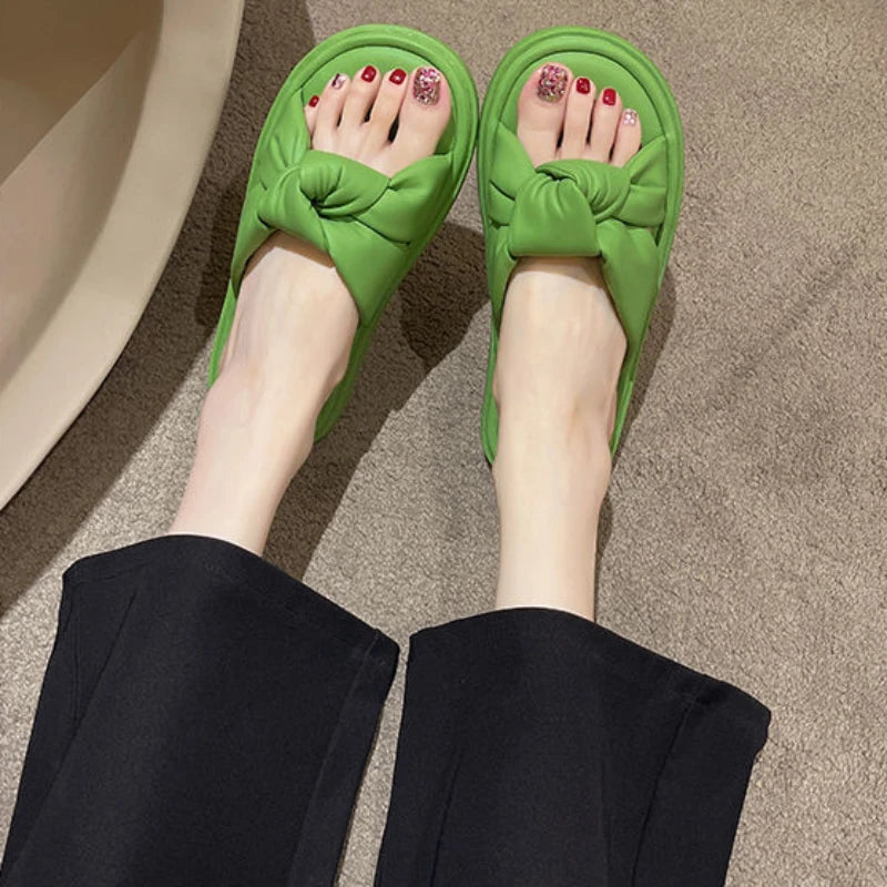 Woman Slippers Home Shoes  Beige Sandals with Bow Soft platform slides