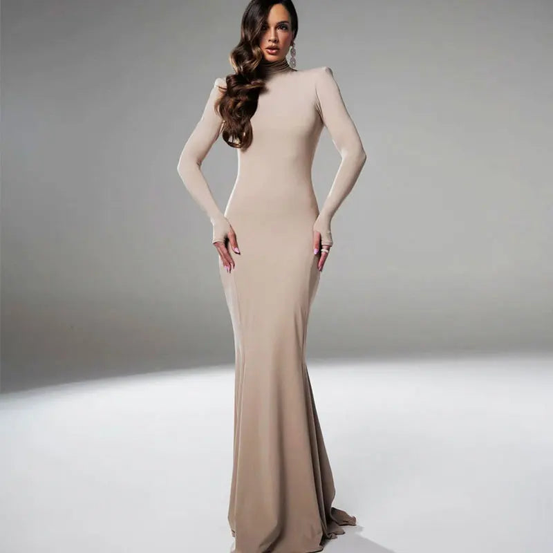 New Sexy Solid Backless Elegant  Casual Slim Turtleneck Long Sleeves Dress