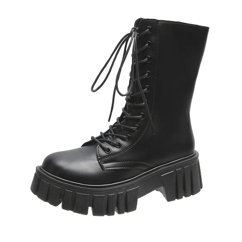 Women's  Boots  Thick Bottom Side Zipper Tie Lace  Warm round Toe Mid-Calf Boots