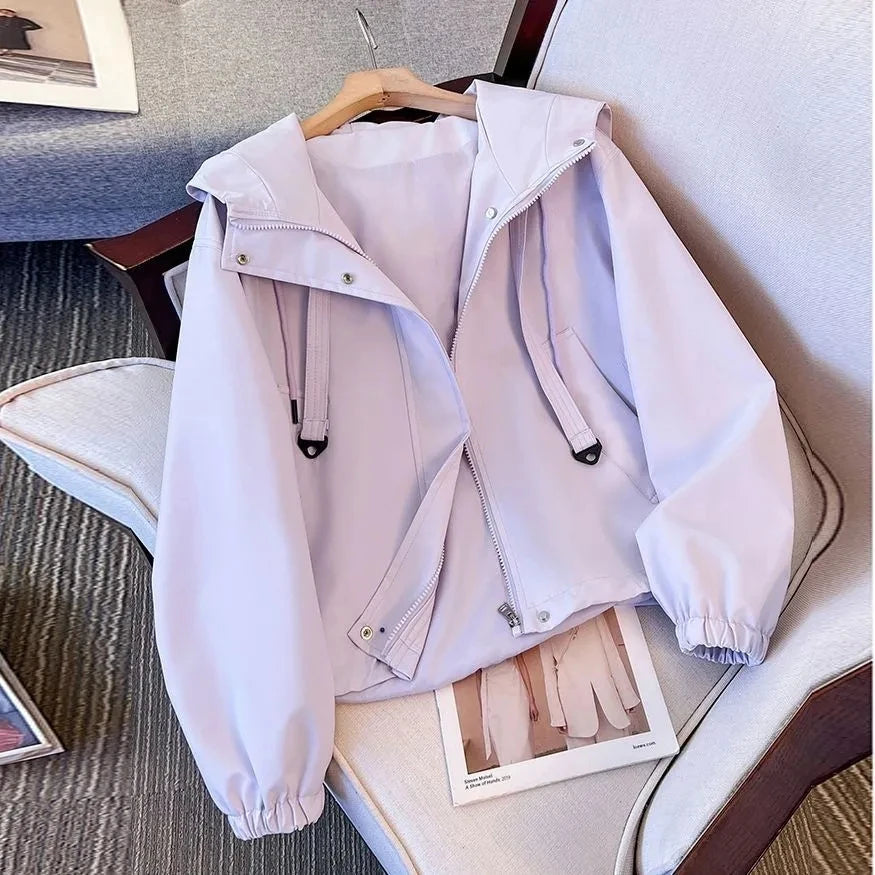 Women Purple Jacket Coat  Casual Hooded Trench Coat