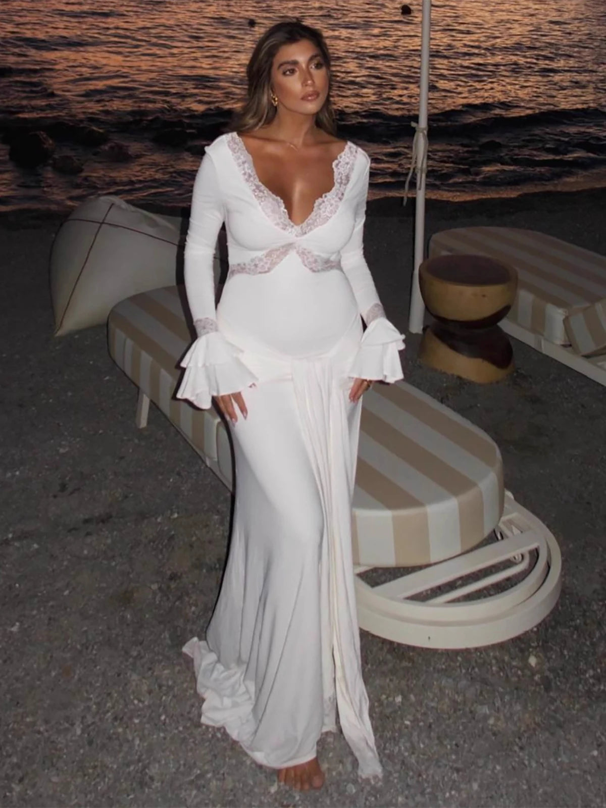 Women's Elegant  Long Flared Sleeves Slim Hollow Out Laced Dress