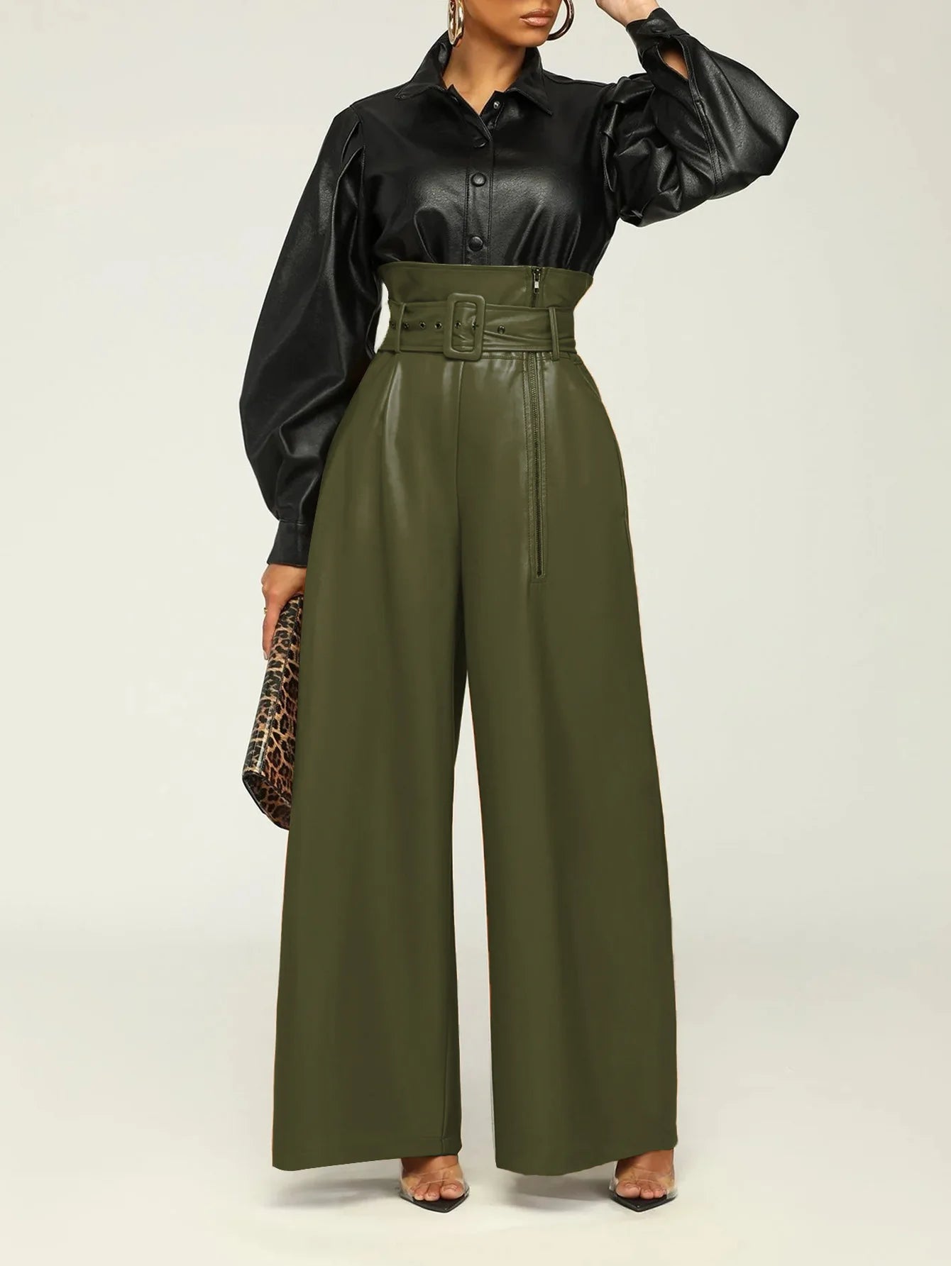 Women's Fashion High Waist Trousers PU Leather Pants