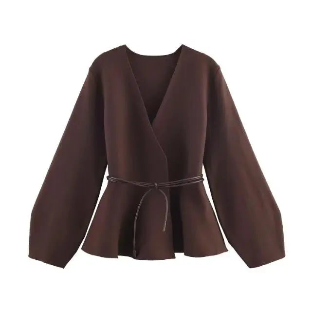 V Neck Tie Waist And Flared Hem Knitwear Top
