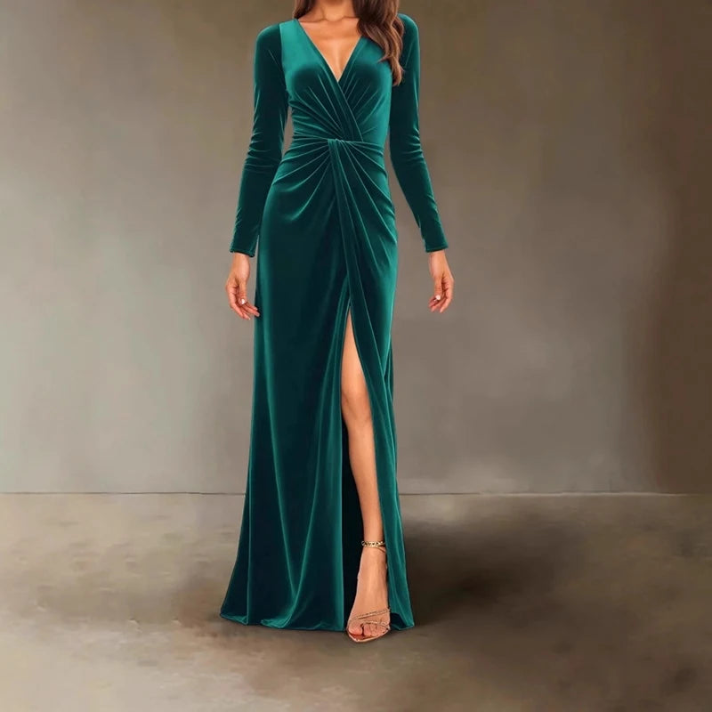 New V-neck Slim Twist High Waist Evening Dress