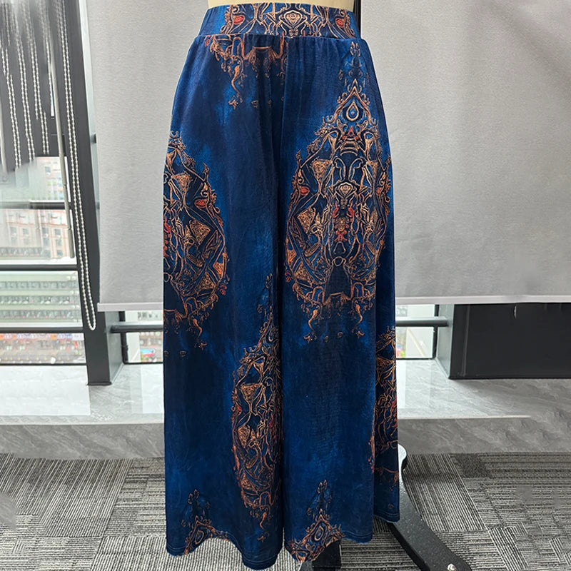 Women's Wide Leg Retro Ethnic Print Velvet Trousers
