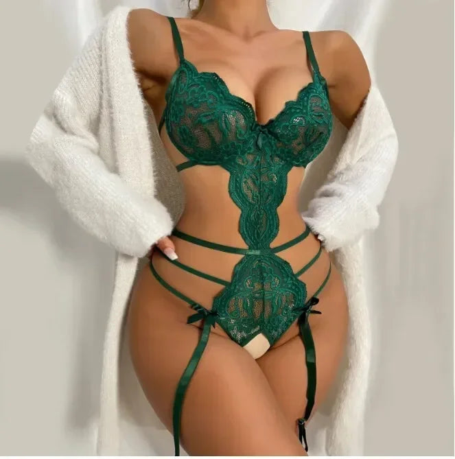 Women's Sexy Lace Lingerie Set Teddy Lace Erotic Bikini 3pcs Bra and Panty