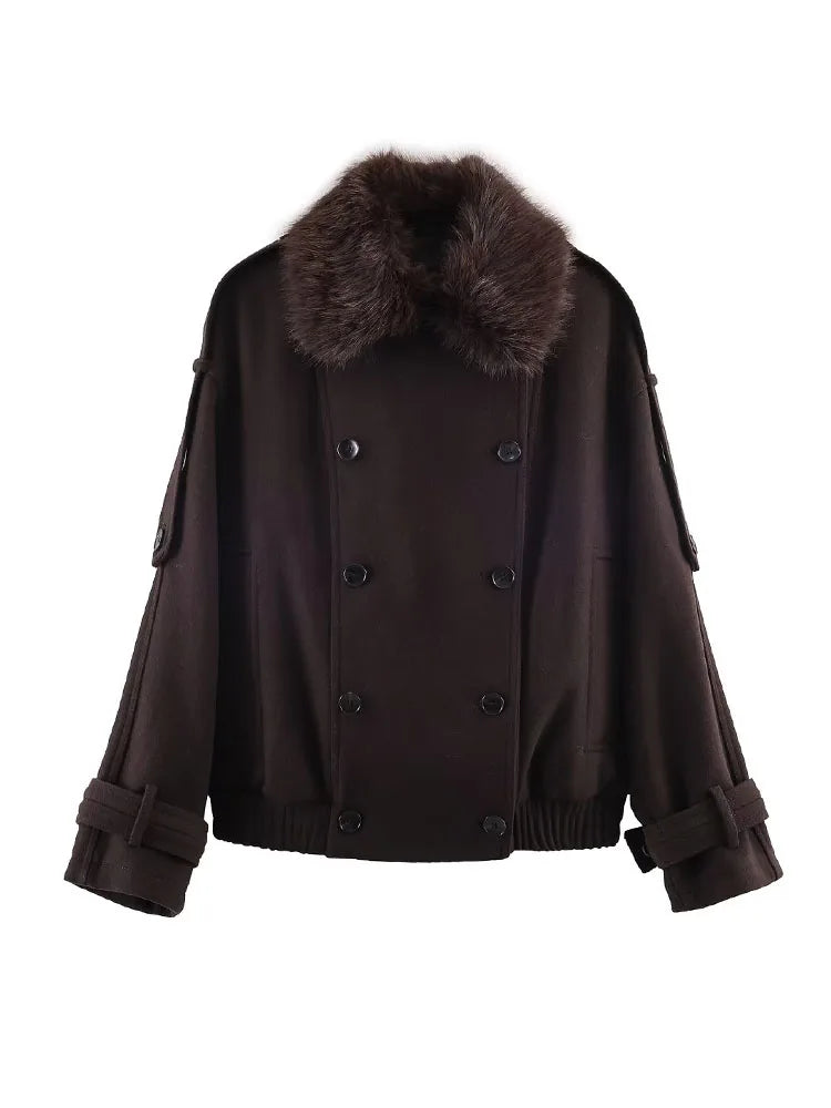 Fur Turn-Down Collar Coats Solid Long Sleeves Pocket Double Breasted Female Jackets