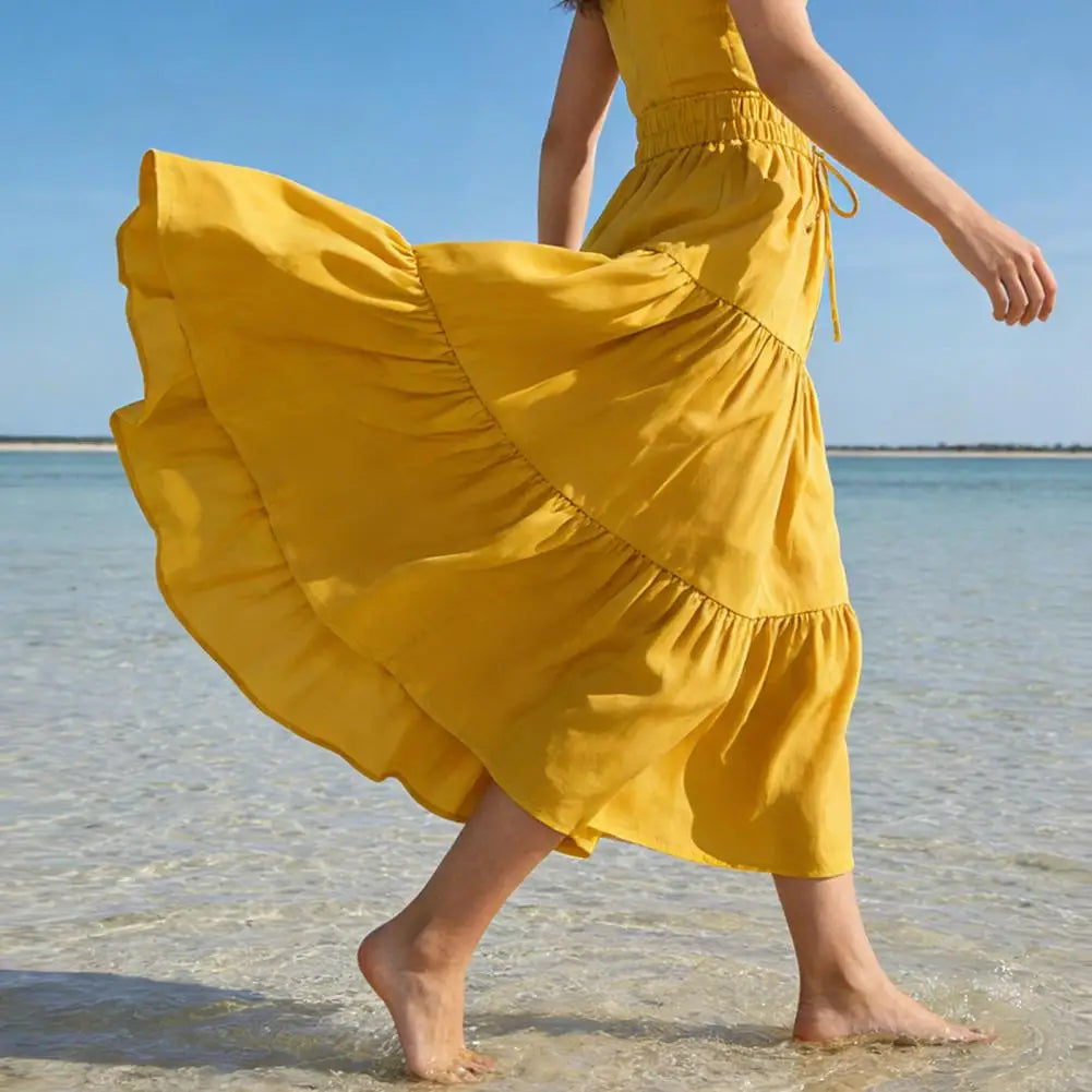 Women's Summer Tiered  A-Line Maxi Skirt High Waisted Pleated Swing Long Skirt