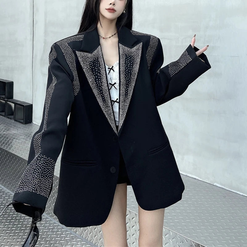 Women's BF Oversize Coats Loose Casual Single-Breasted Retro Beaded Jacket