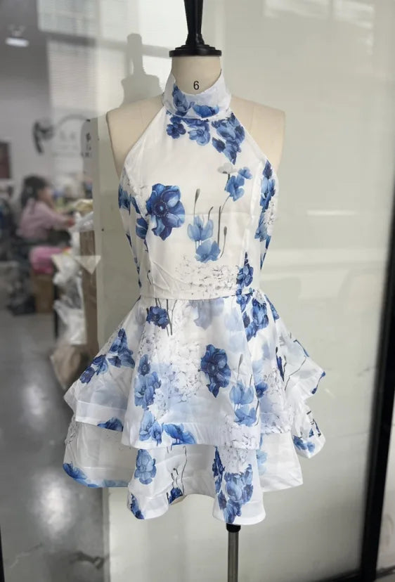 Elegant Printed Backless Strappy Short Skirt Women's Dress