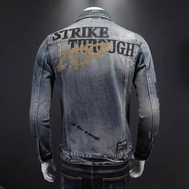 Men's denim jacket  casual lapel handsome motorcycle jacket