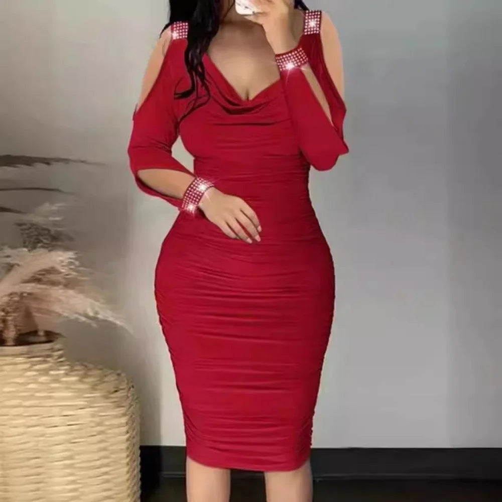 V-Neck Women's Pleated Wraps Hips Diamond-Encrusted Bare Shoulder Dress