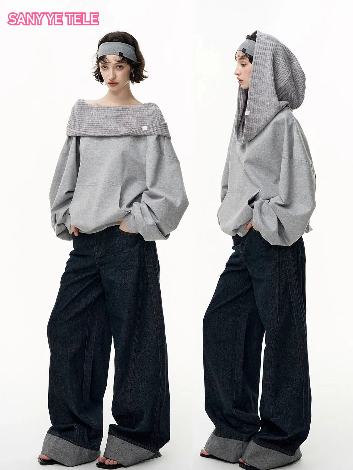 Off-Shoulder Hooded Top Women Loose Long Sleeve Pullovers