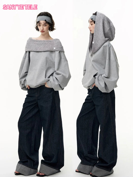 Off-Shoulder Hooded Top Women Loose Long Sleeve Pullovers