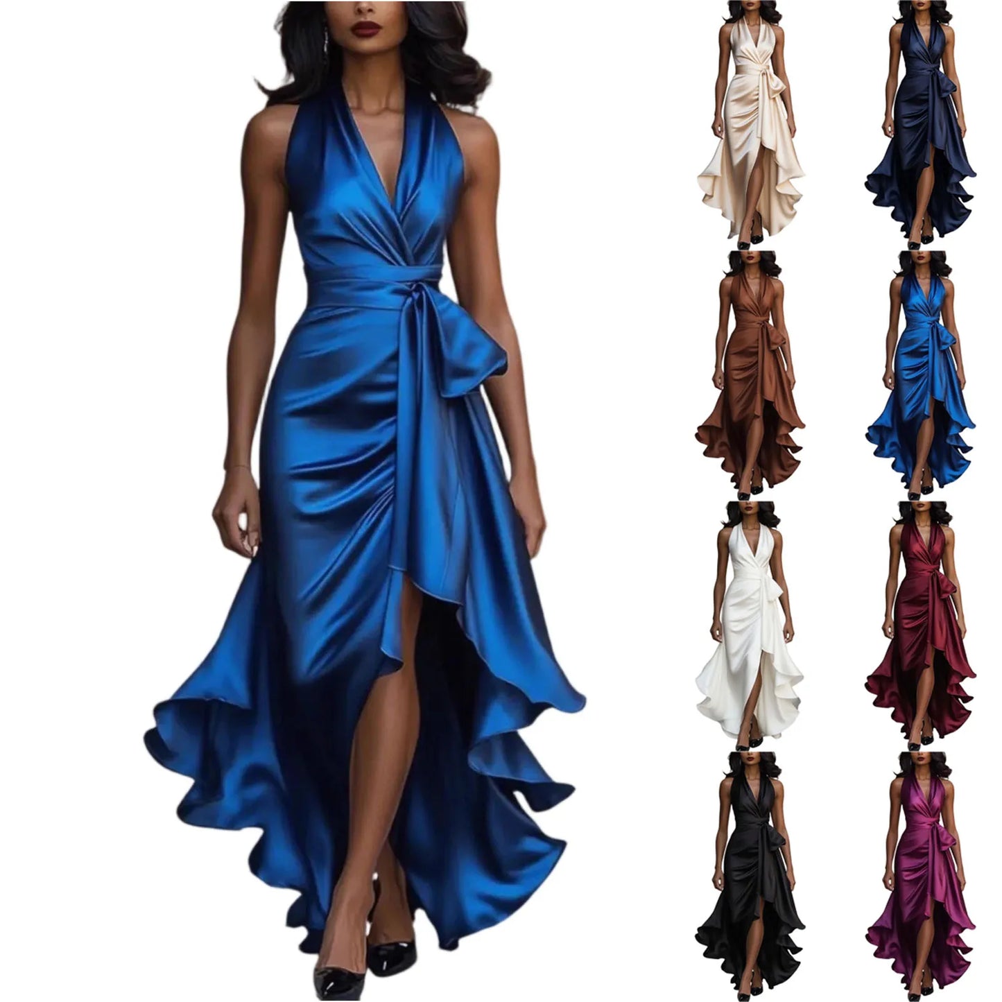 Women's Deep V-Neck Ruffled Evening Gowns