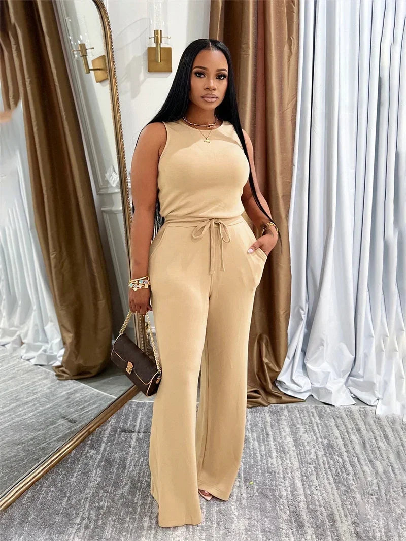 Solid Casual Jumpsuit Sleeveless Drawstring High Waist One Pieces Rompers