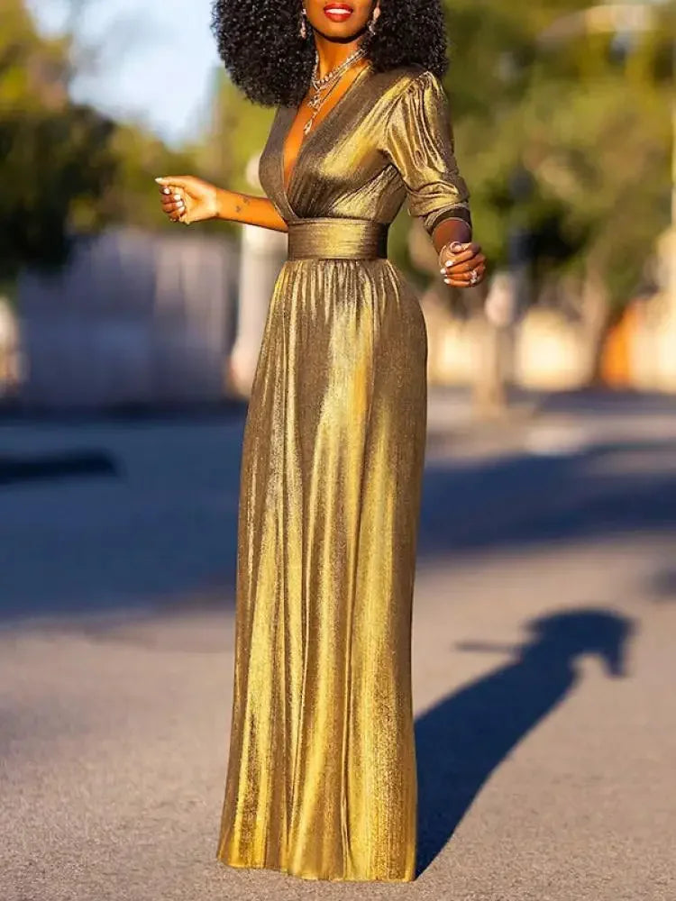 Women Fashion Shiny Sexy Deep V-neck Wide Leg Prom Jumpsuits