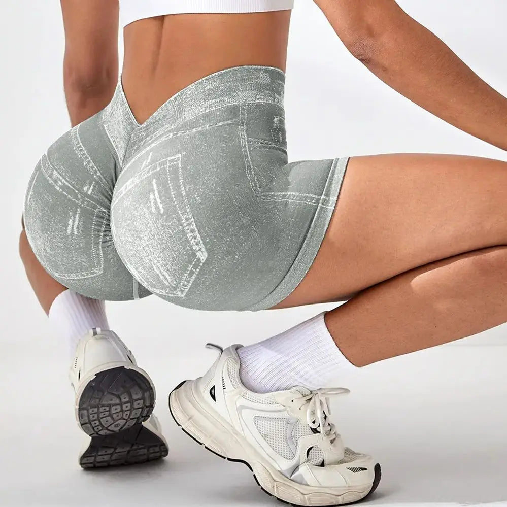 Women V back Shorts Faux Jeans Elastic Workout Pants Butt Lifting