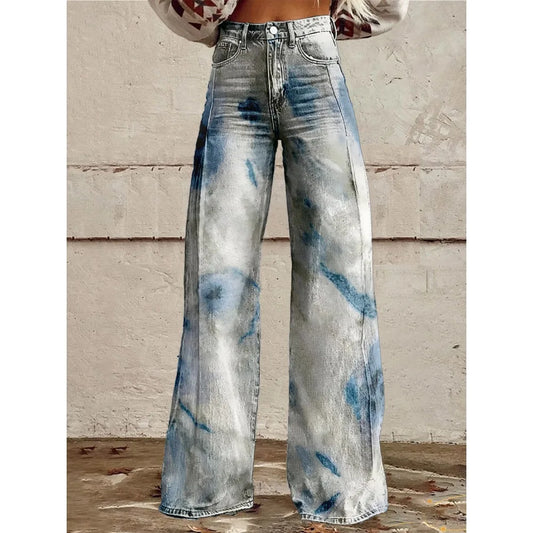 High Waisted Wide Leg Pants Artistic Ink Wash